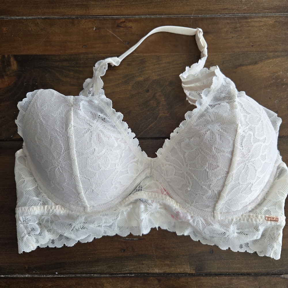 NWT Victoria Secret PINK Brand Lace Halter Off White Bra